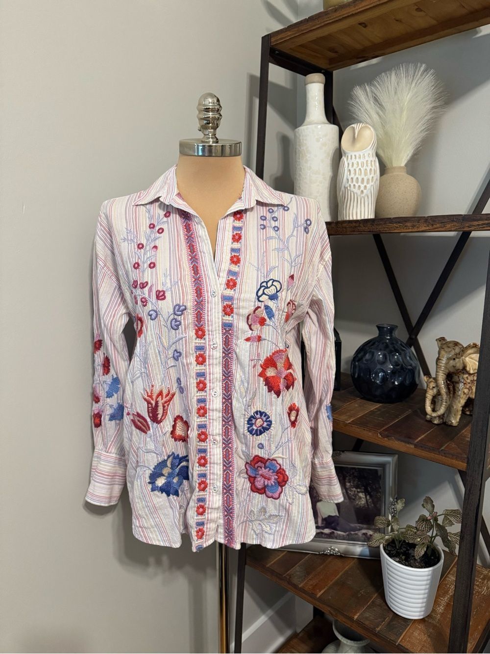 Johnny Was Piper Oversized Embroidered Stripe Shirt Boho Floral Button Up Top XS